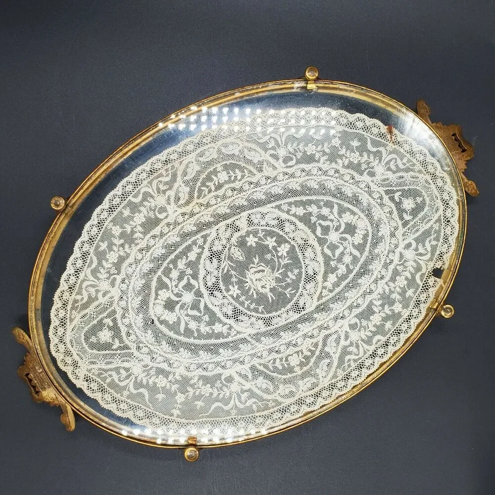 Etchardt VTG Antique 1920's Vanity Tray Silver Handles Lace Glass Brass Copper
